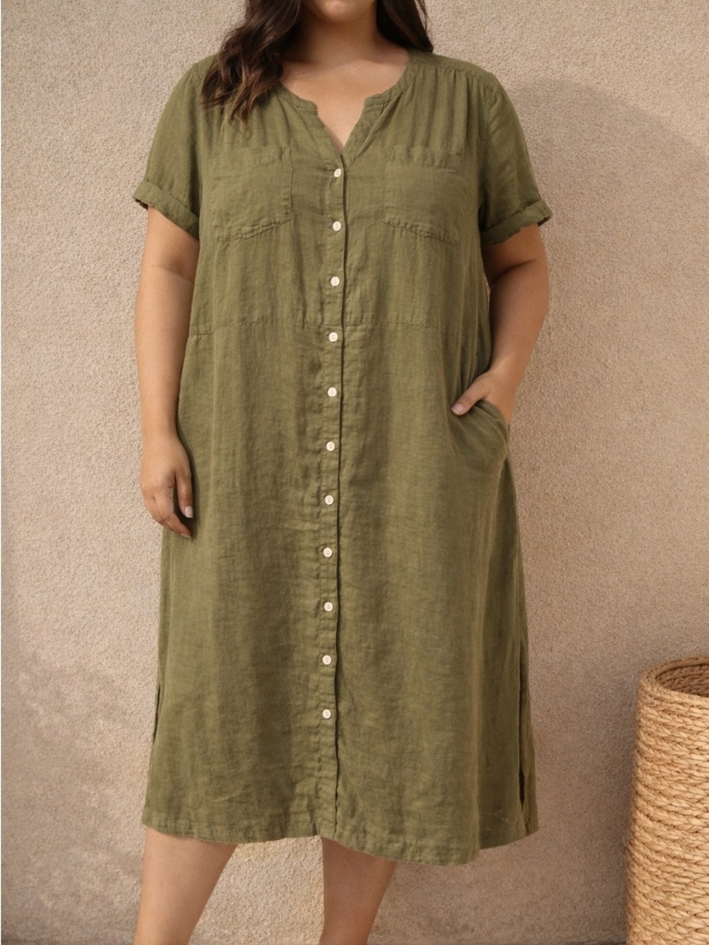 Talbots Linen Midi Shirt Dress 22W Olive Green Pockets Coastal Minimalist